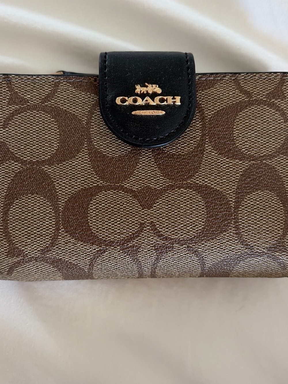 Coach Brown Signature Canvas Wallet with Black Trim and Gold Hardware